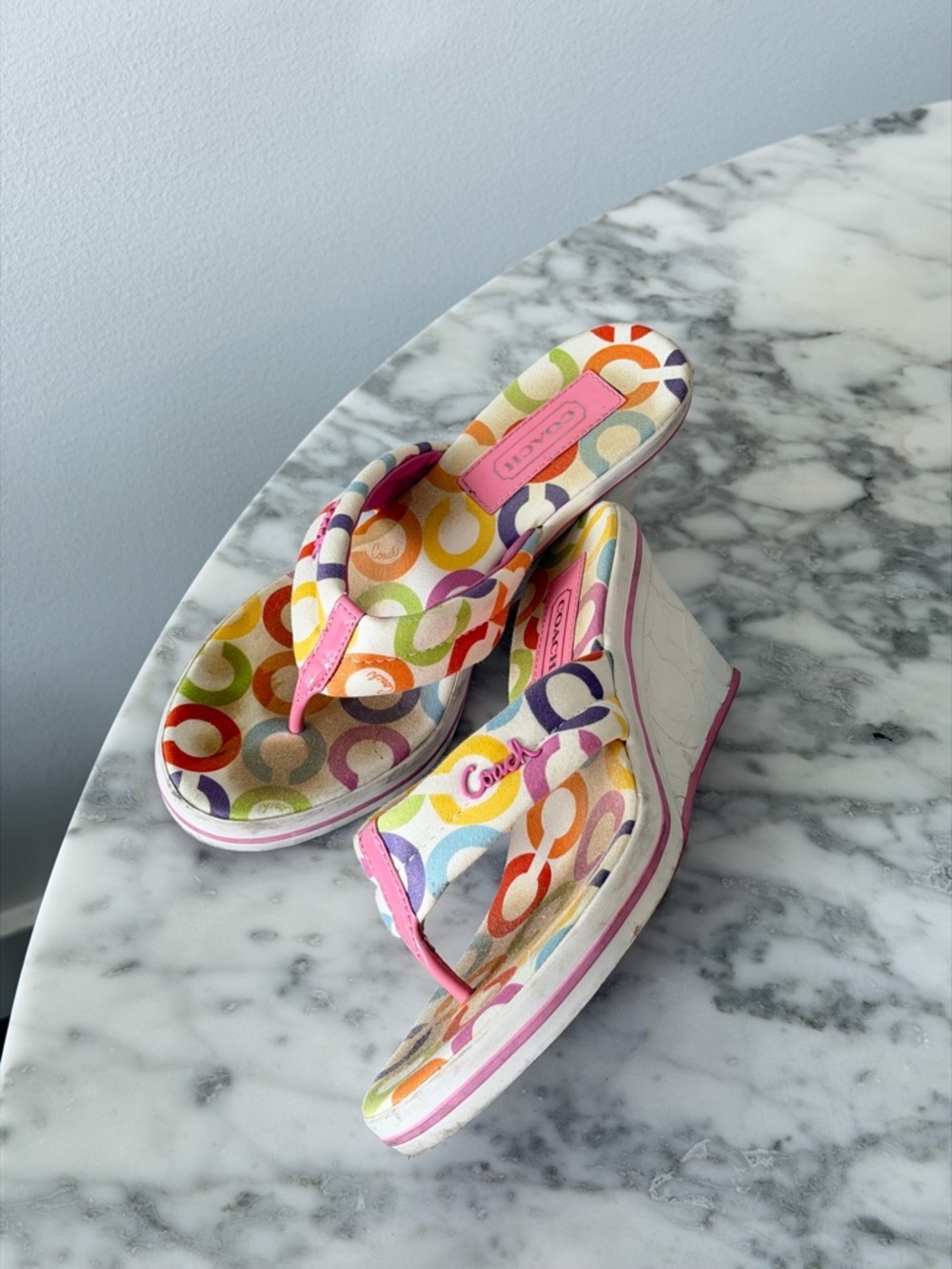 COACH Delores  Pink Multicolor Signature Wedge Flip Flop Sandal- Vintage/Y2K